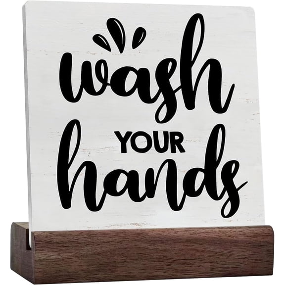 Bathroom Wash Your Hands Desk Decorative Sign Home Bathroom Decor For Desk Table Shelf Ceramic Table Plaque With Wooden Stand