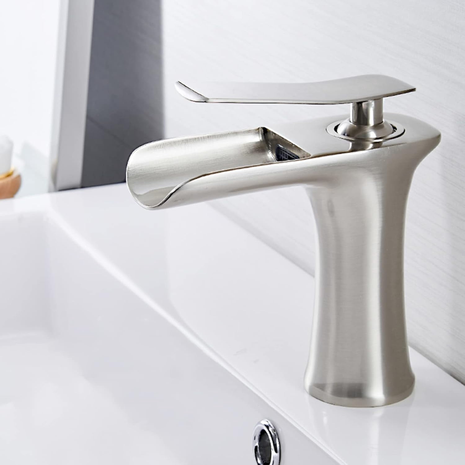 Bathroom Waterfall Faucets for Sink, Solid Brass, Hot and Cold Water Mixer Tap, Single Handle Waterfall Bathroom Sink Faucets Brushed, High