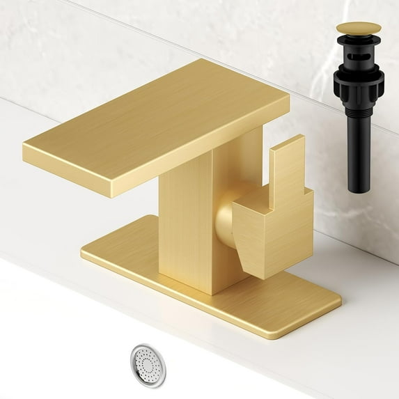 Bathroom Waterfall Sink Vanity Faucet with Pop-up Drain and cUPC Water Supply Line 6 Inch Deck Plate, Single Handle One 1 Hole, Stainless Steel Brushed Gold