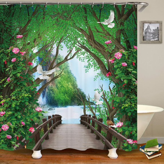 Bathroom Waterproof Shower Curtain Polyester 3D Mountain Garden Seaside ...