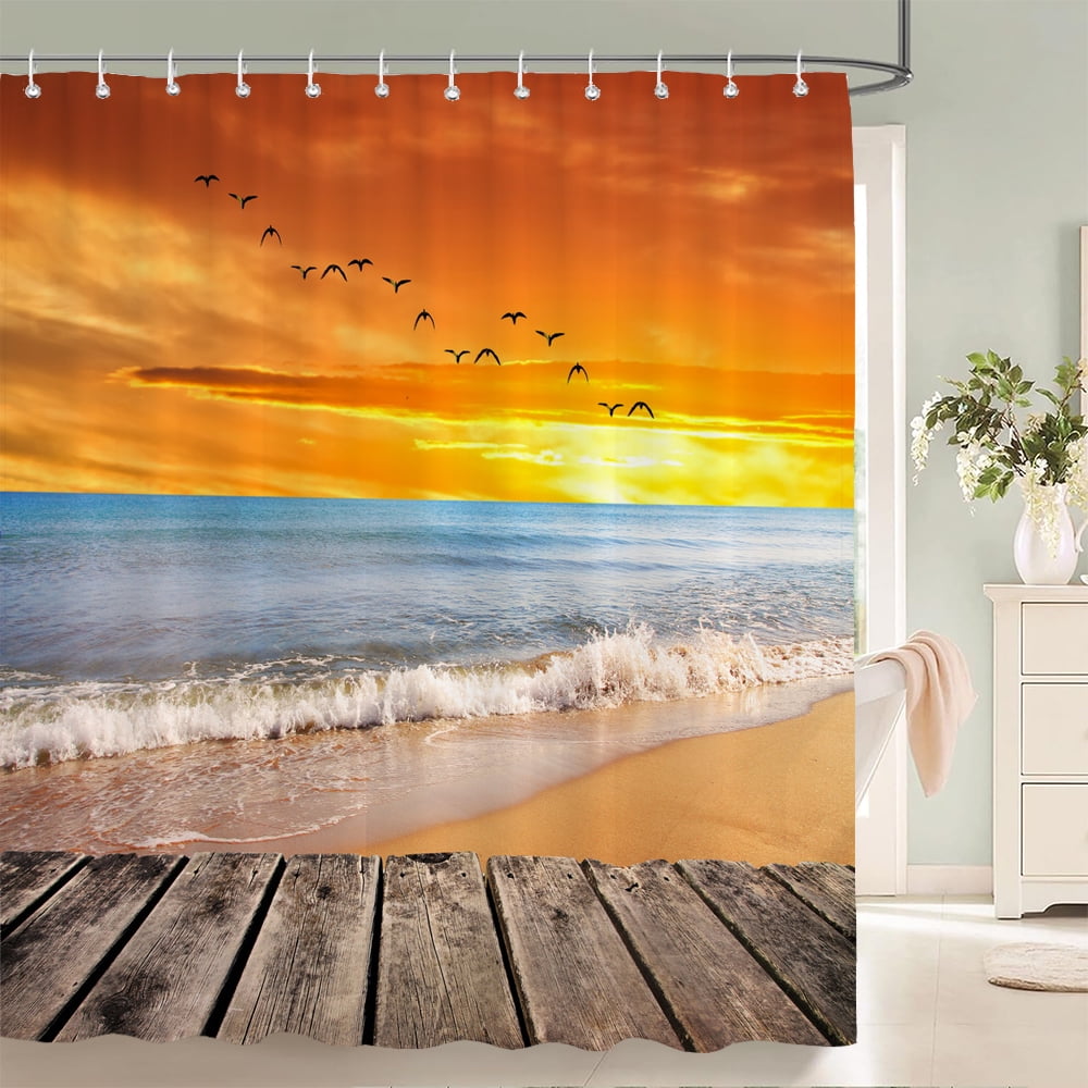 Bathroom Waterproof Shower Curtain Sunset Dusk Beach Scenery Seaside ...