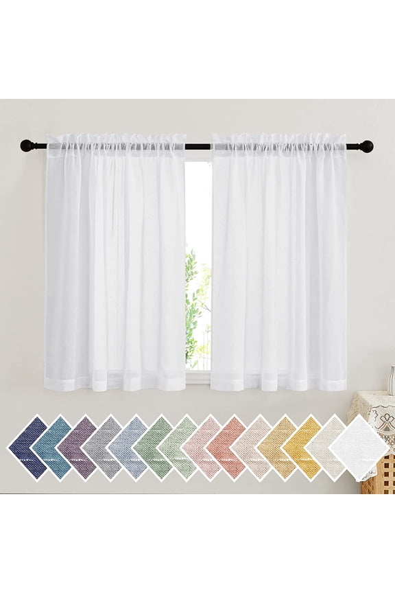 Bathroom Window Curtains, Rod Pocket Semi Sheer Linen Drapes Short Small Curtains Privacy with Light Filtering for Kitchen/Nursery, White, W52 x 45", 2 Panels