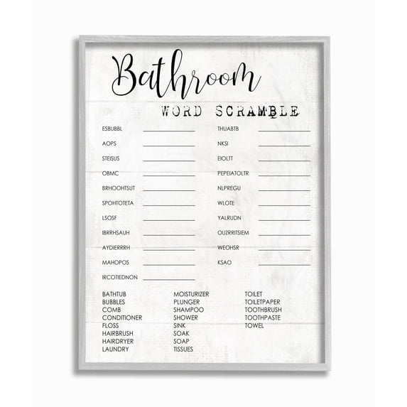 Bathroom Word Scramble Fun Family Word Design Gray Farmhouse Rustic Framed Giclee Texturized Art by Daphne Polselli