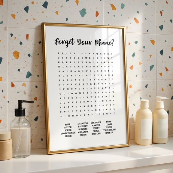 Bathroom Word Search Poster, Toilet Decor, En,Suite Wall Art, Posters, Fun Bathroom Poster, 8x12 UNFRAMED