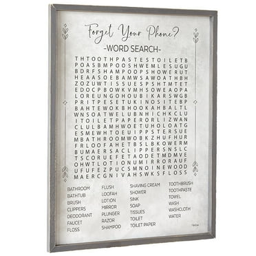 Bathroom Word Search Wall Sign - Funny Farmhouse Art with Rustic, Vintage Style