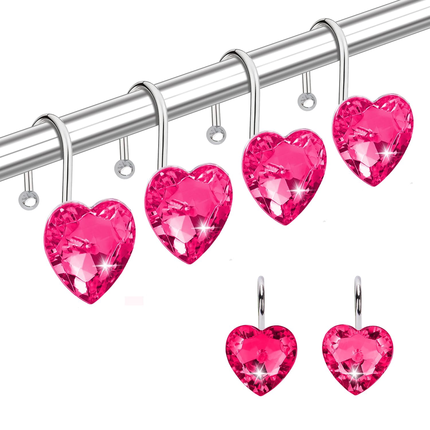 Bathroom curtain hook rings, 12-pack, heart-shaped stainless steel rust-proof decorative rhinestone shower curtain rings (single hook, transparent).