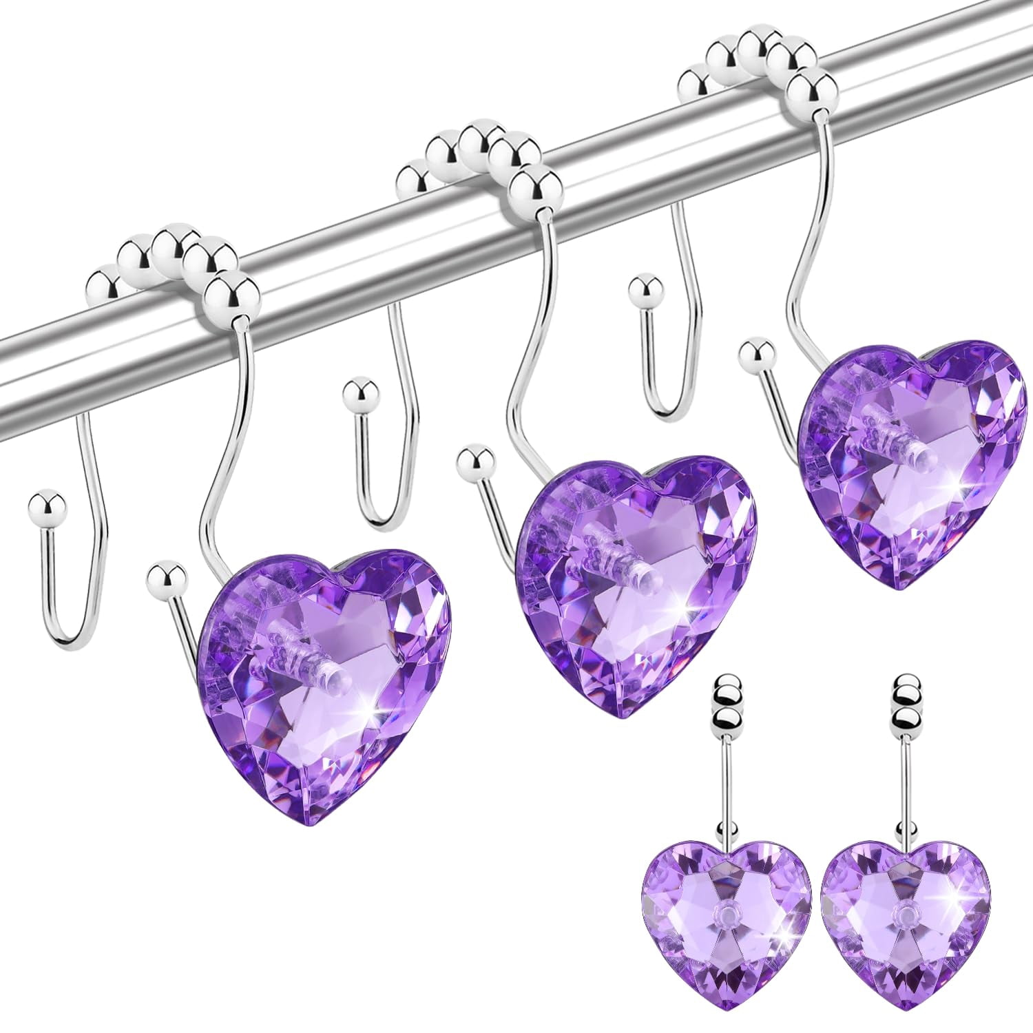 Bathroom curtain hook rings, 12-pack, heart-shaped stainless steel rust-proof decorative rhinestone shower curtain rings (single hook, transparent).