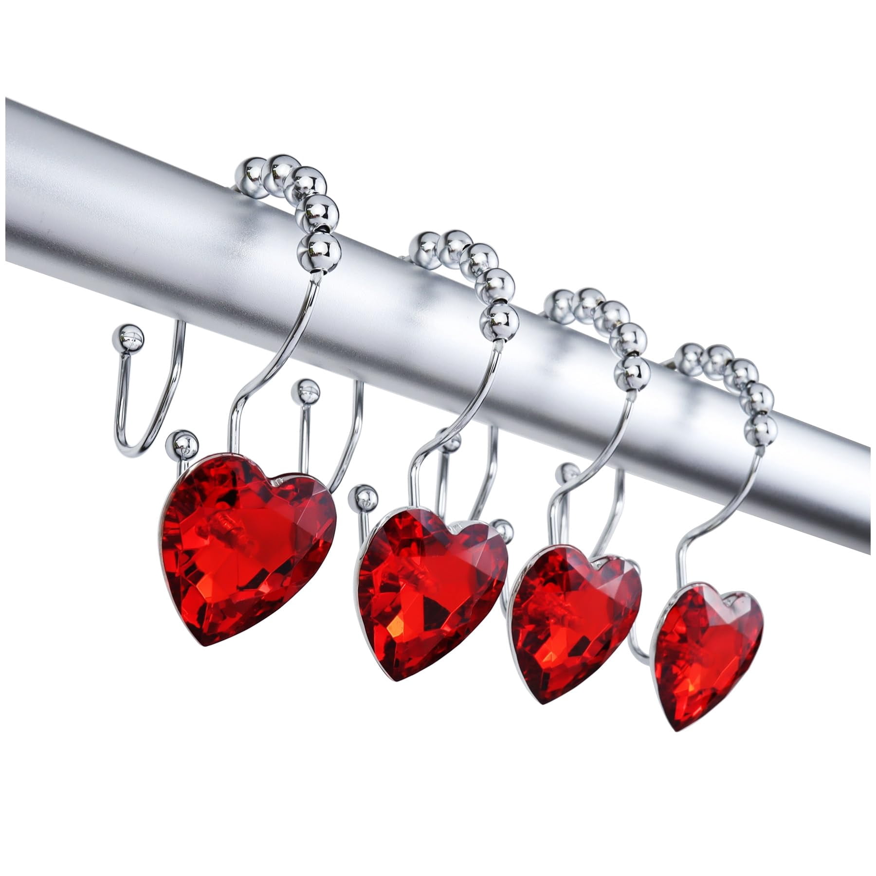 Bathroom curtain hook rings, 12-pack, heart-shaped stainless steel rust-proof decorative rhinestone shower curtain rings (single hook, transparent).