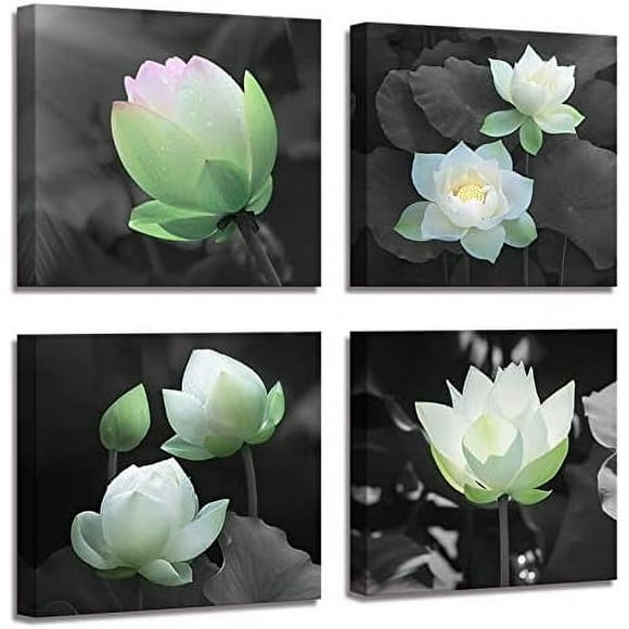 Bathroom decoration,lotus decoration,canvas printing,wall decoration,lotus pictures,colorful flowers,black and white background wall art, plant picture design, living room bedroom frame wall art