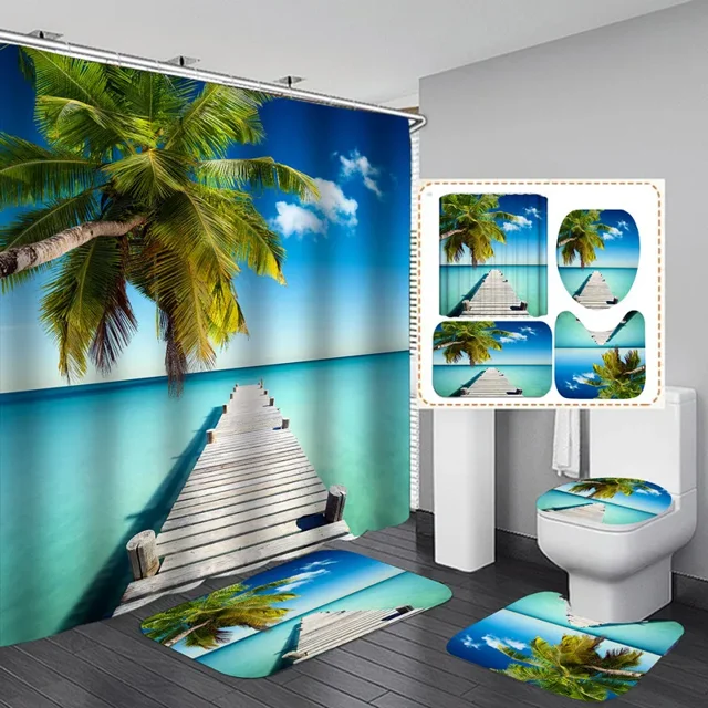 Bathroom r Waterproof Shower Curtain Set Toilet Cover NonSlip Bath Mat