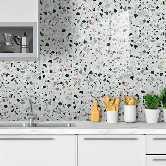Bathroom terrazzo pattern tile wall sticker, 9 Pcs Self-Adhesive Tile Transfer for Home Decor, Peel and Stick Wall Tile Sticker for Kitchen Bathroom,
