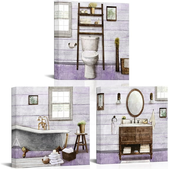 Bathroom wall Art Farmhouse Bathroom Decor Painting, Framed Canvas Wall Art 12x12inchx3Pieces (Lavender)