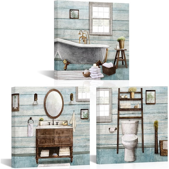 Bathroom wall Art Farmhouse Bathroom Decor Painting, Framed Canvas Wall Art 12x12inchx3Pieces (Turquoise)