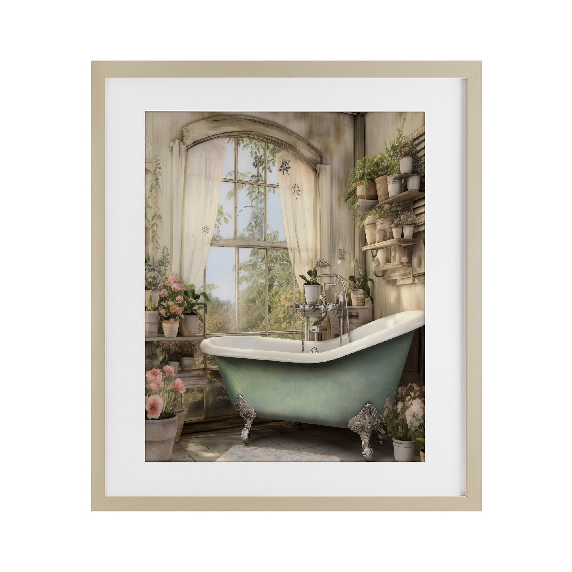 Bathroom with Floral Filled Shelves Birch Framed Print Under Glass, design by Lettered and Lined