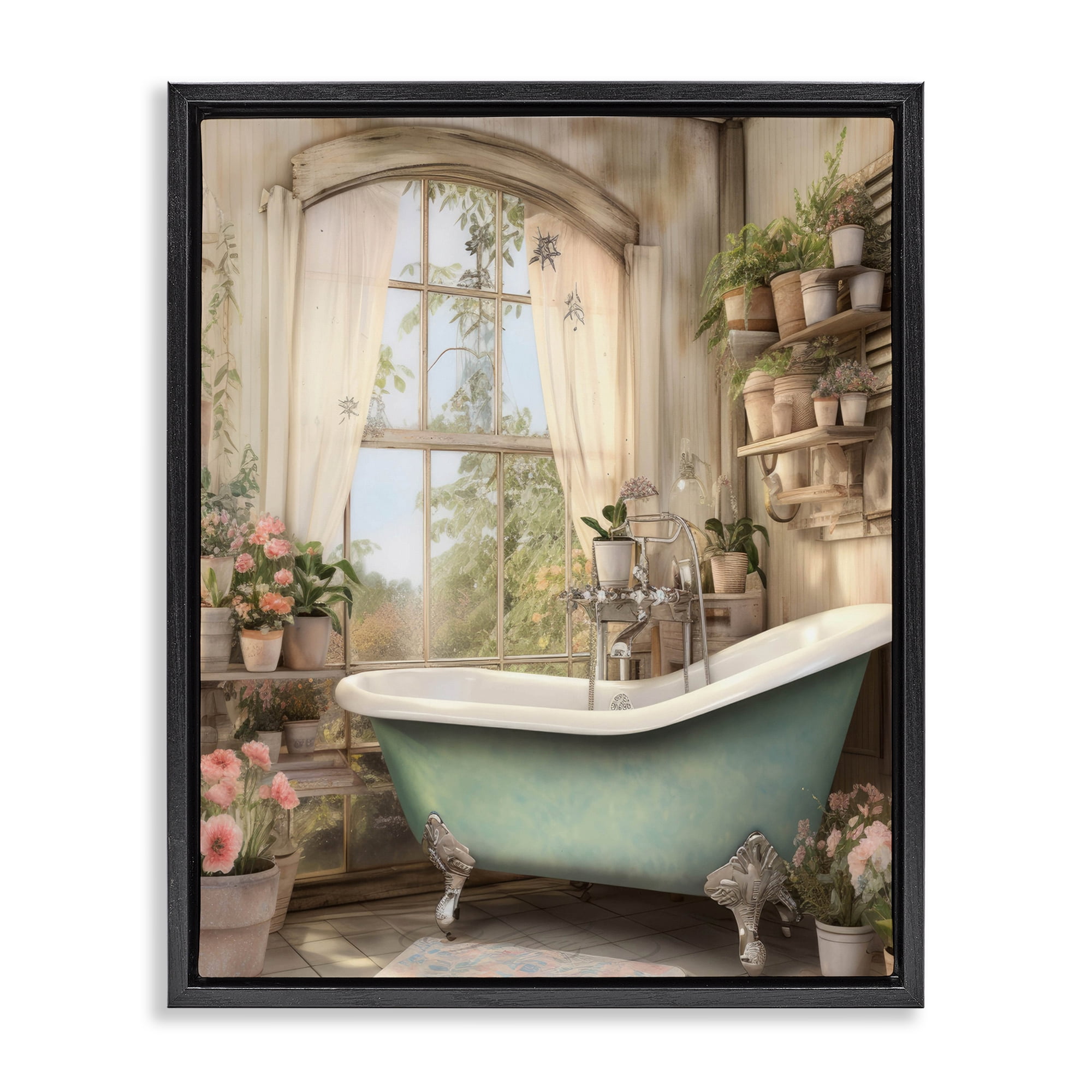 Bathroom with Floral Filled Shelves Black Framed Floater Canvas Wall Art, design by Lettered and Lined