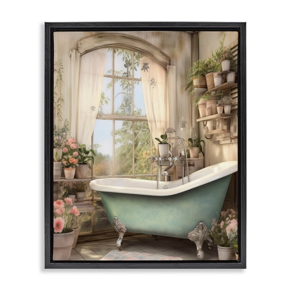 Stupell Industries Shabby Chic Bathroom with Floral Filled Shelves Black Floating Frame Canvas Art, 17 x 21, by Lettered and Lined