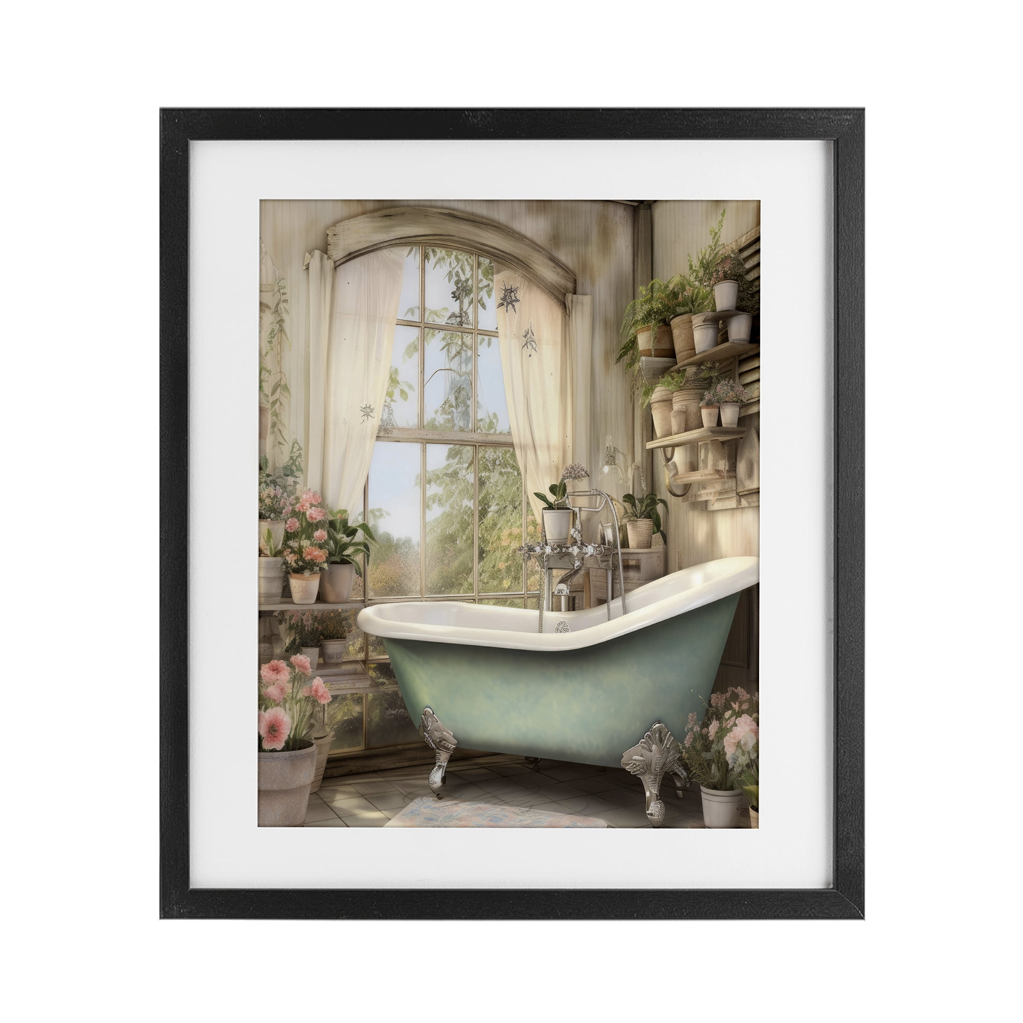 Bathroom with Floral Filled Shelves Black Framed Print Under Glass, design by Lettered and Lined