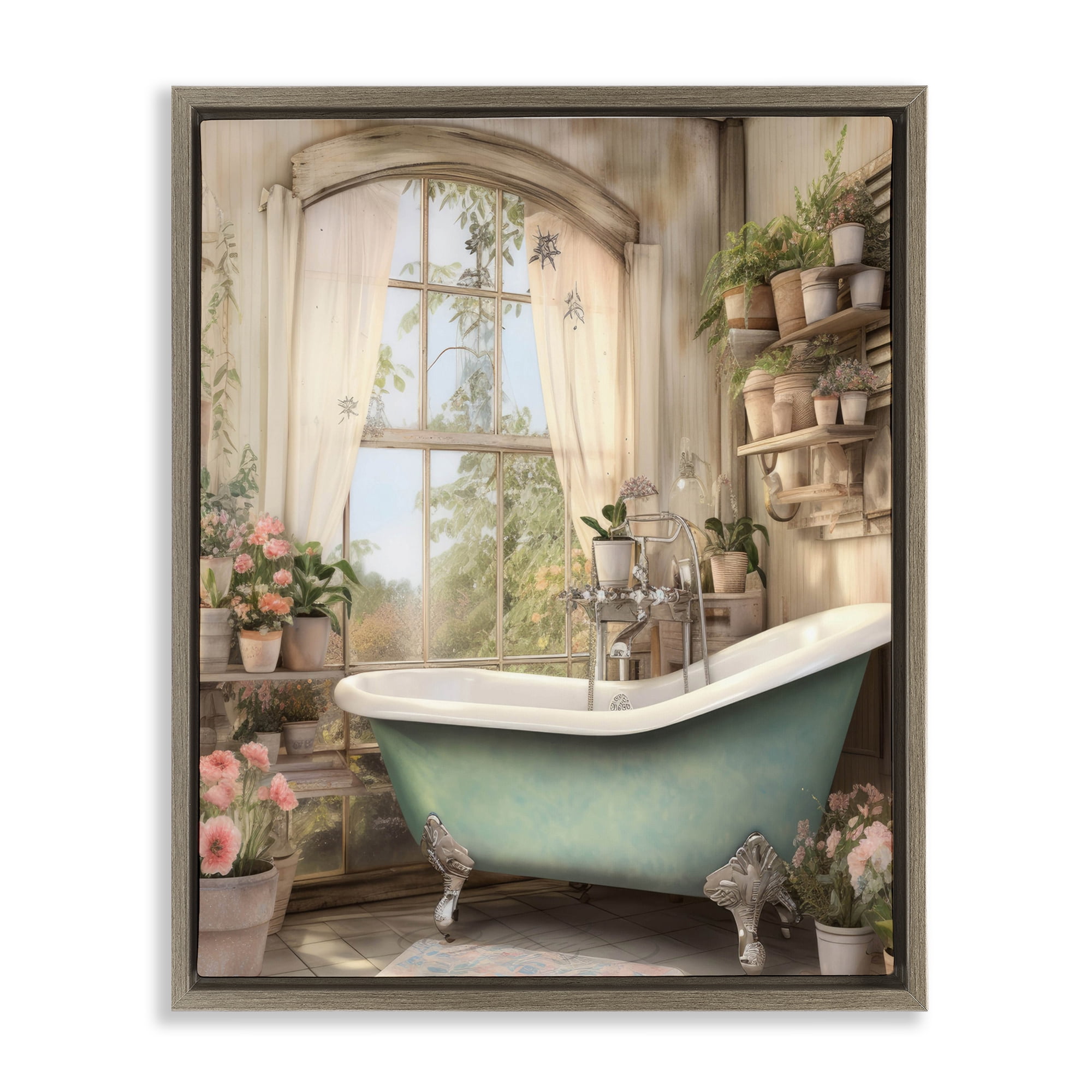 Bathroom with Floral Filled Shelves Brown Framed Floater Canvas Wall Art, design by Lettered and Lined