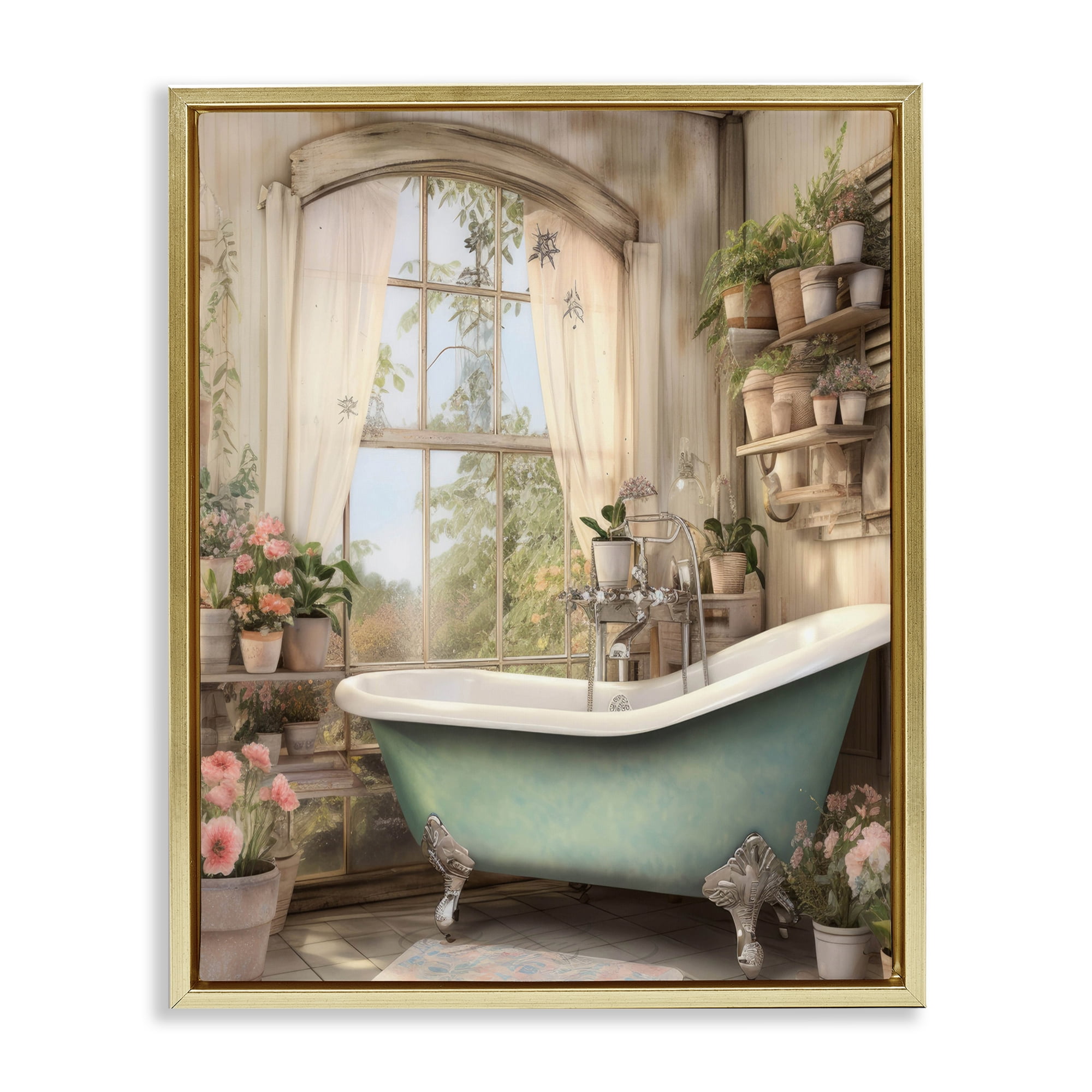 Bathroom with Floral Filled Shelves Gold Framed Floater Canvas Wall Art, design by Lettered and Lined