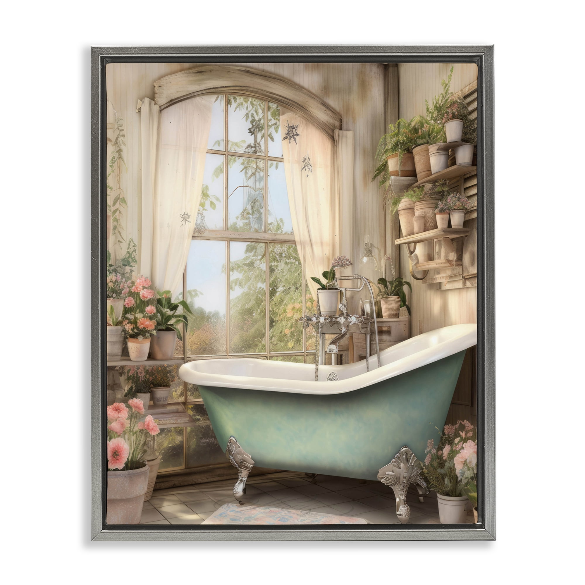 Bathroom with Floral Filled Shelves Gray Framed Floater Canvas Wall Art, design by Lettered and Lined