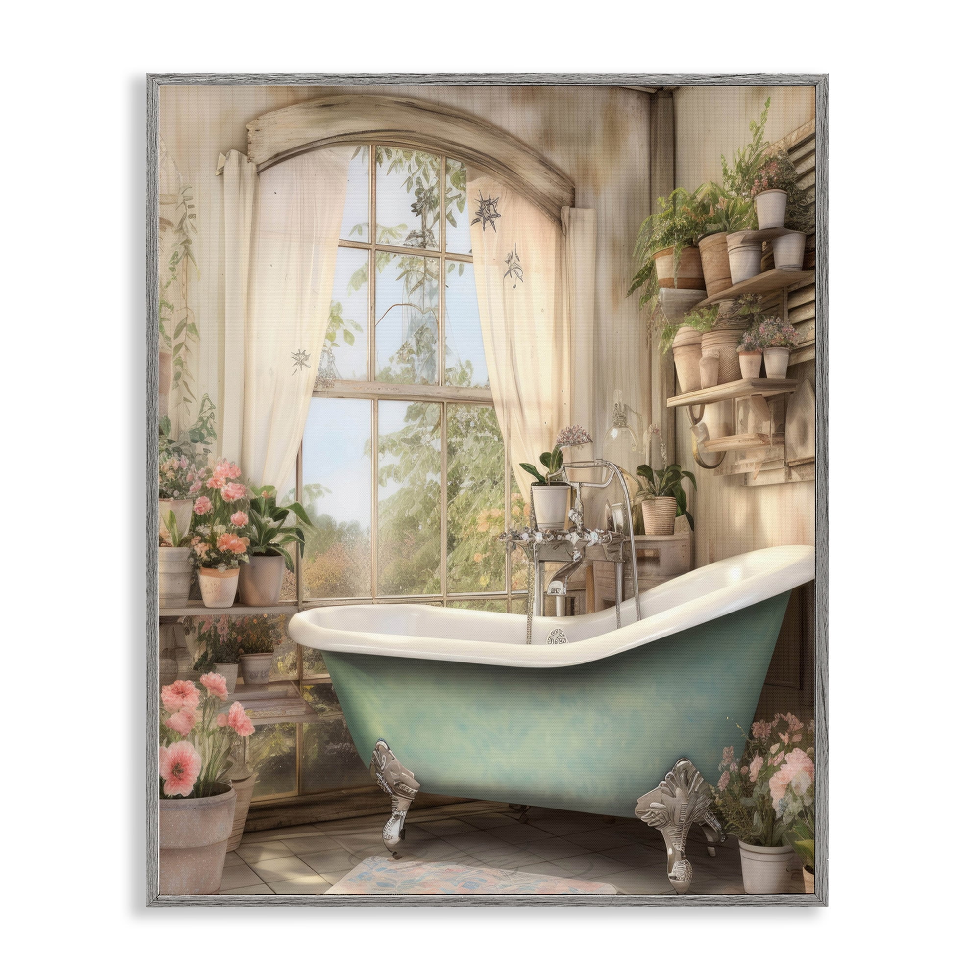 Bathroom with Floral Filled Shelves Gray Framed Giclee Art, design by Lettered and Lined