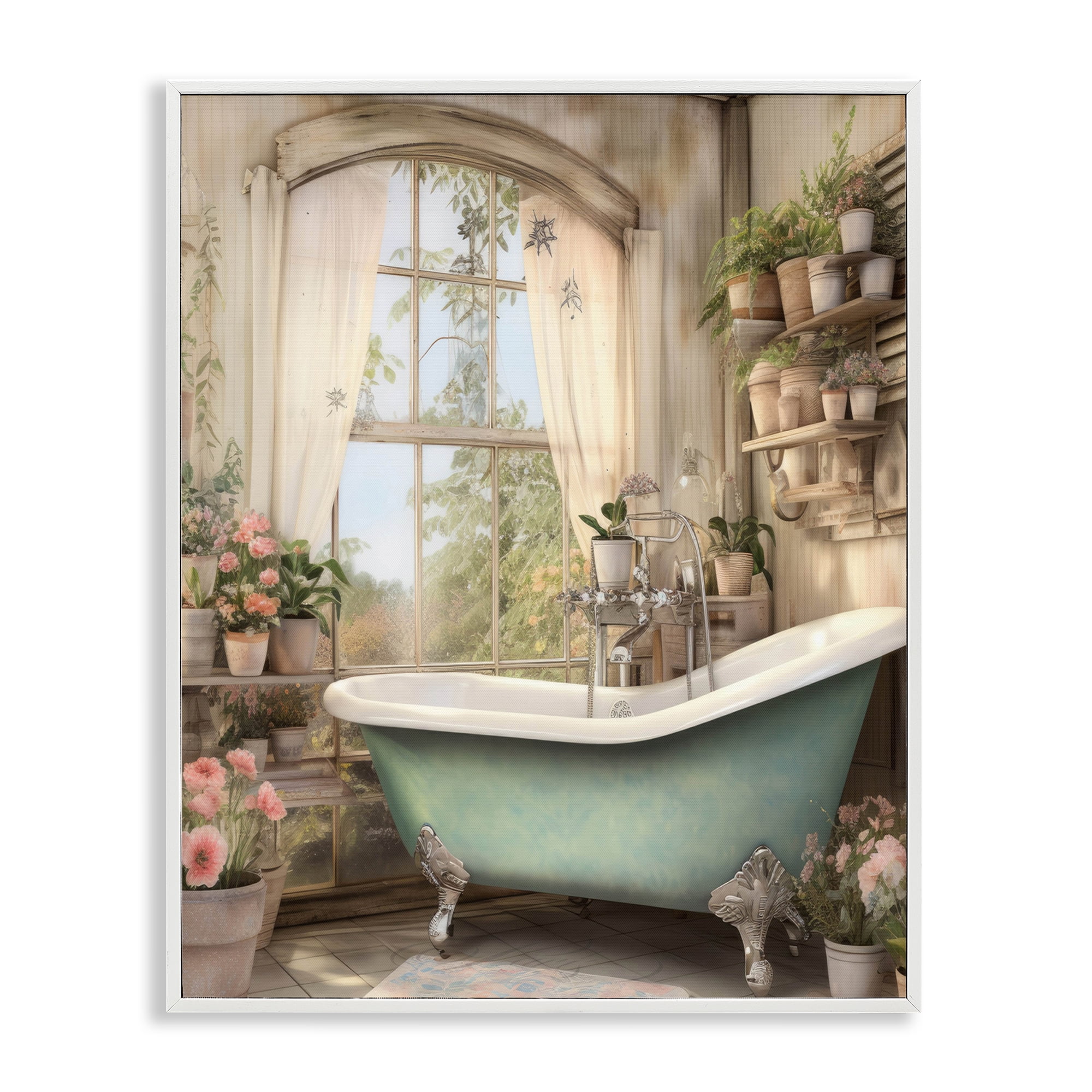 Bathroom with Floral Filled Shelves White Framed Giclee Art, design by Lettered and Lined