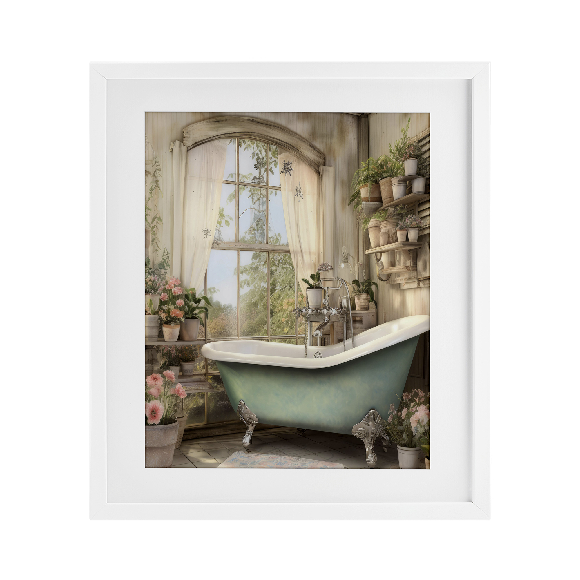 Bathroom with Floral Filled Shelves White Framed Print Under Glass, design by Lettered and Lined