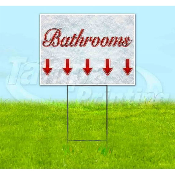 Bathrooms Down Arrow (18" x 24") Yard Sign, Includes Metal Step Stake