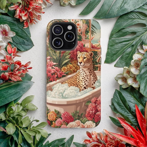 Bathtime Cheetah Jungle Phone Case Tropical Safari Art for iPhone 17 through 11 Pro Max