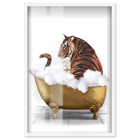 Bathtime Tiger Shadowbox Print Trendy Bathroom Art by Art Remedy, White Frame, 10 x 15