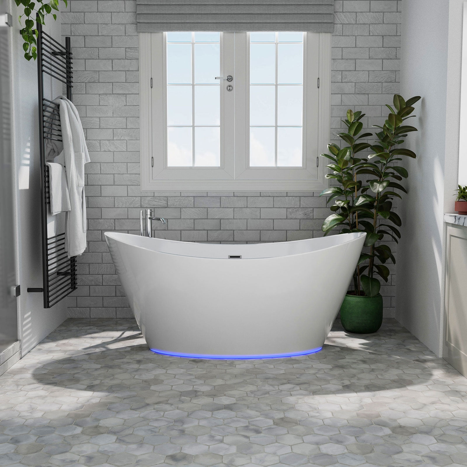 White Acrylic Freestanding Bathtub with LED Lighting