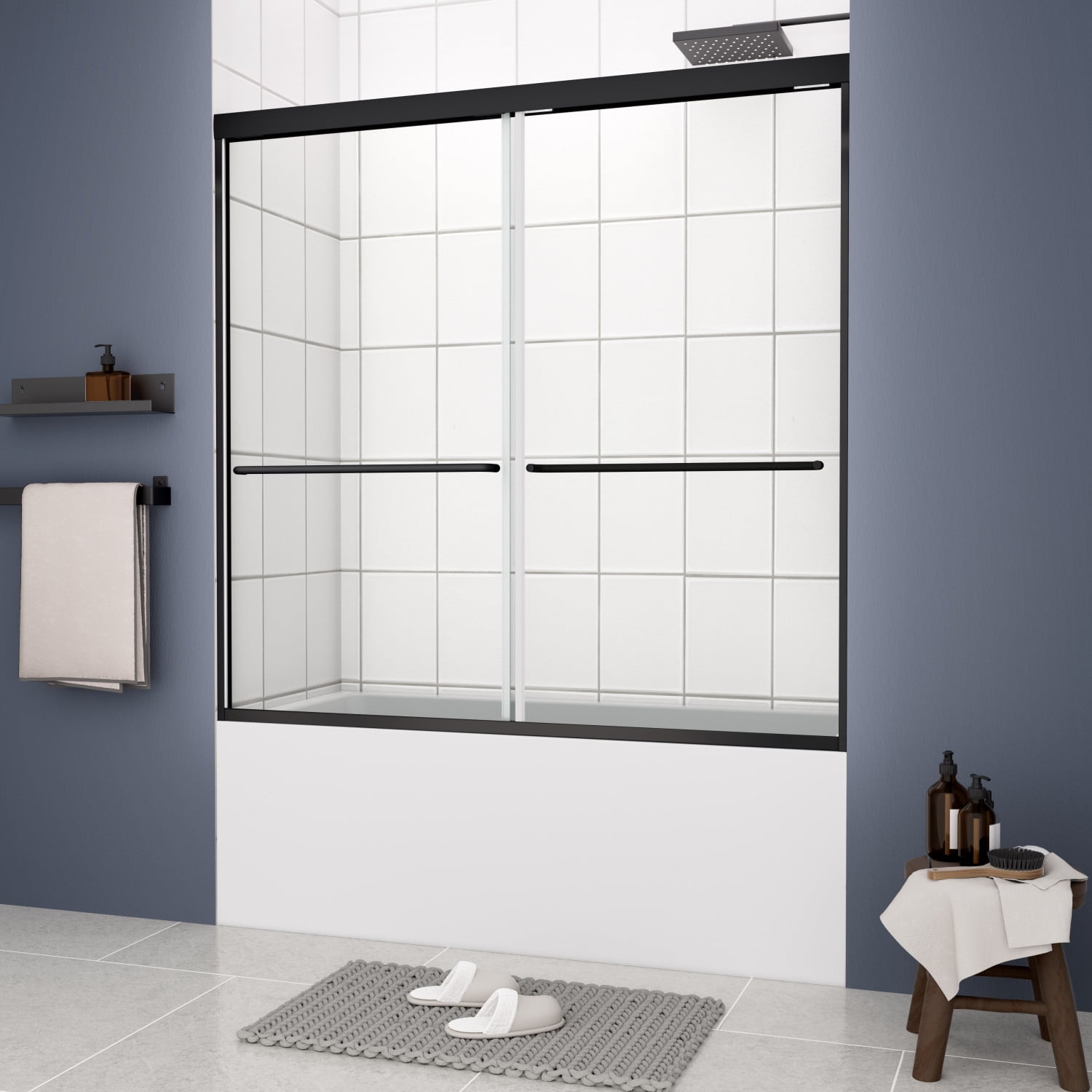 Matte Black Framed Double Sliding Bathtub Shower Door with Clear Glass