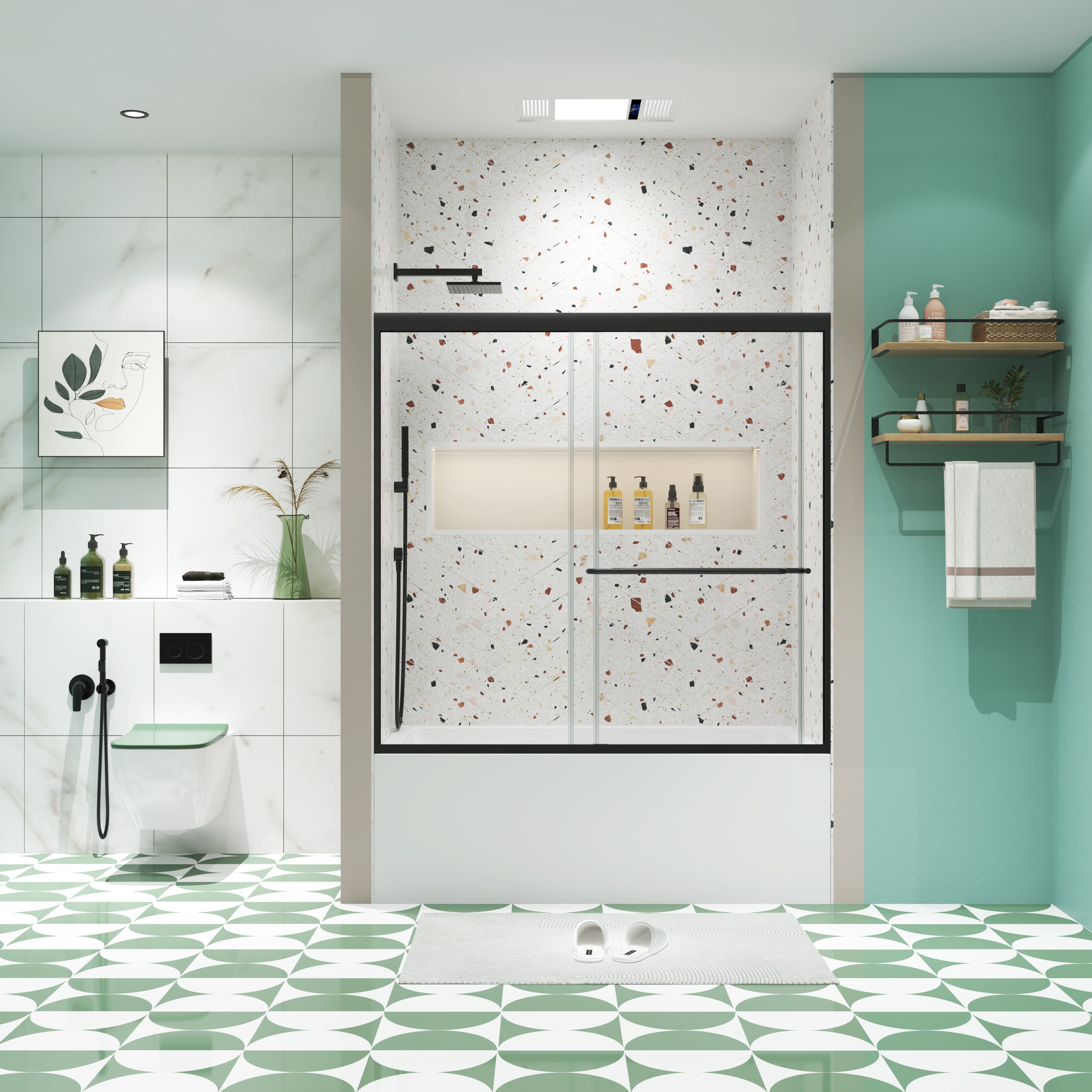 Matte Black Tempered Glass Sliding Shower Door 56-60" W x 58" H