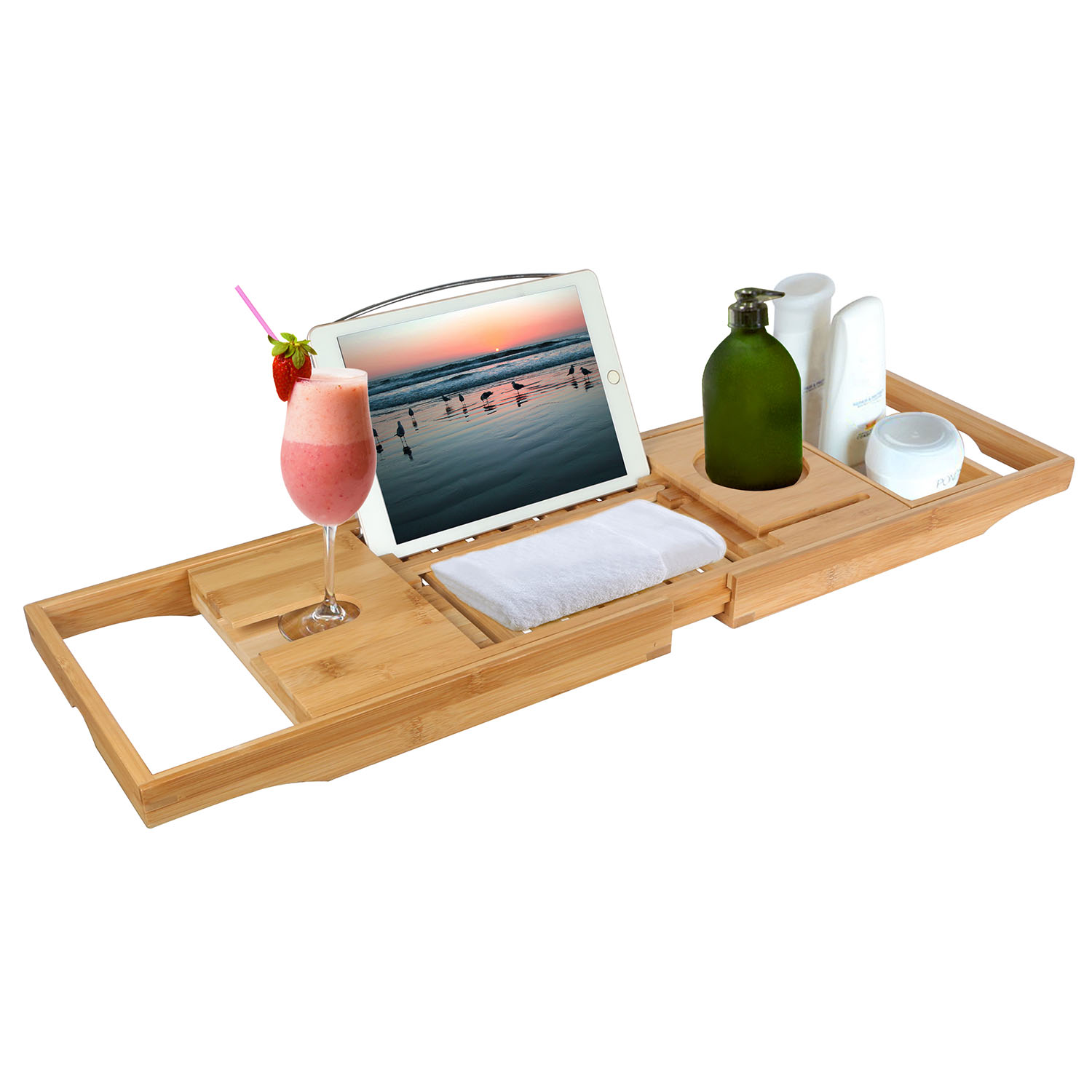 Bathtub Caddy Tray Table with Expandable Sides for Bathroom iMounTEK Natural Bamboo Organizer