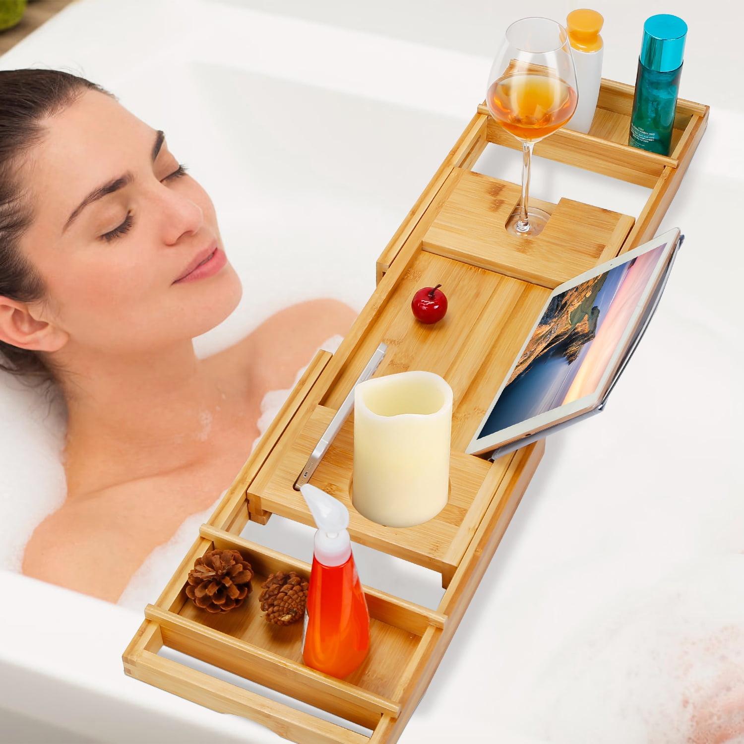 Bathtub Caddy, iMounTEK Bamboo Bath Tray, Extendable Tub Organizer Holder  for Tablet, Book, Phone, Wine Glass, Candles, and Soap 
