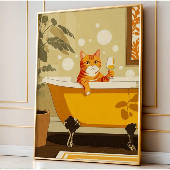 Bathtub Cat Wine Print Retro Bathroom Mid Century Wall Decor Orange Illustration Relaxing, Stretched Canvas 16x20in