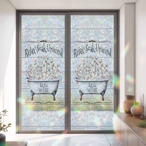Bathtub Cotton on Wood Grain Window Privacy Film,Decorative Windows Static Cling Relax Soak Unwind Quote Heat Control Removable Glass Sticker for Home Bathroom Bedroom Window Door,35x79in