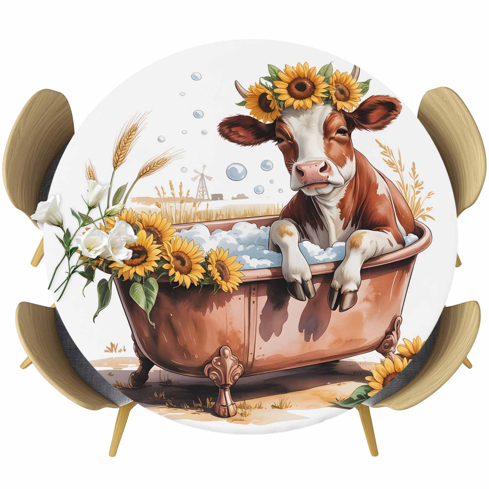 Bathtub Cow Thanksgiving Round Tablecloth, Fitted Table Cover with ...