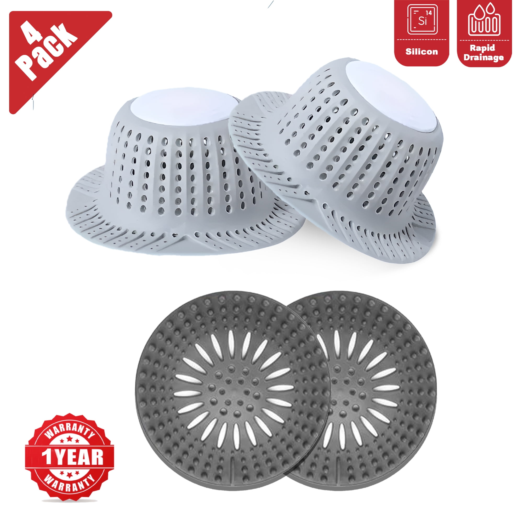 Silicone Hair Catcher, Shower Drain Covers, 4 Pack, Grey, for Bathtub, Sink, and Shower Drain Protector