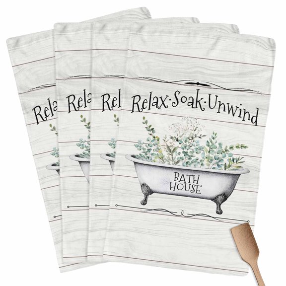 Bathtub Eucalyptus Leaves Kitchen Towel Dish Cloths Set of 4, Microfiber Soft Kitchen Hand Towels, Farmhouse Botanical Wooden Absorbent Quick Drying Dishcloths 18 x 28 Inches