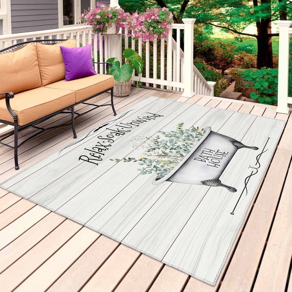 Bathtub Eucalyptus Leaves Outdoor Rug 3x5 Ft, Non Slip Washable Area Rug, Farmhouse Botanical Wooden Patio Rugs Carpet Runner, Large Floor Mat for Indoor/Outdoor Deck Porch Camping