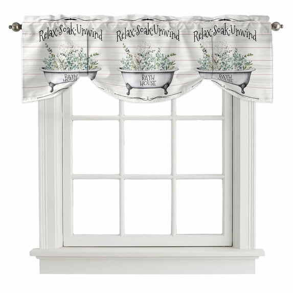 Bathtub Eucalyptus Leaves Tie Up Valance Curtains for Windows, Kitchen Curtains Window Treatments, Farmhouse Botanical Wooden Short Window Shades Valances for Bedroom Bathroom Cafe 42"x12"