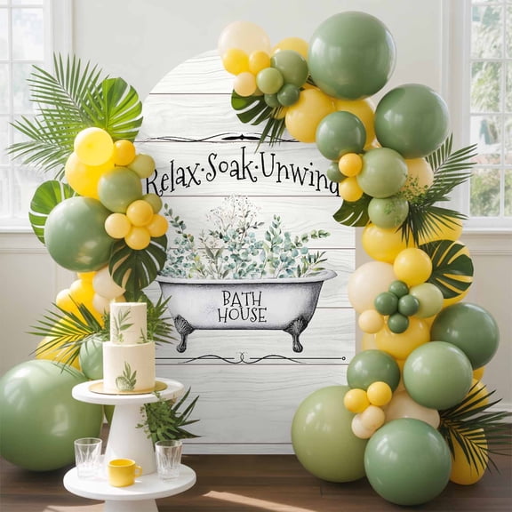 Bathtub Eucalyptus Relax Soak Unwind Quote Arch Backdrop Cover Stretchy Spandex Arch Cover 6ft, Wood Barn Round Top Chiara Stand Covers for Wedding Birthday Party Ceremony Banquet
