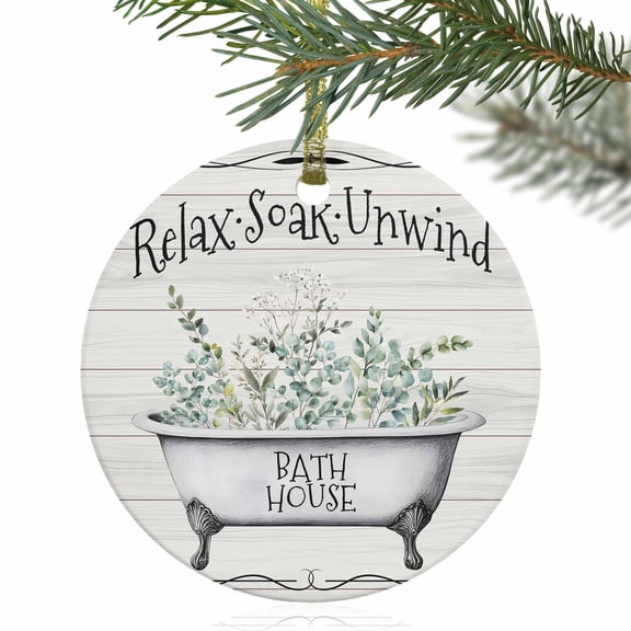 Bathtub Eucalyptus Relax Soak Unwind Quote Christmas Ceramic Ornament 2025,3" Round Xmas Tree Hanging Accessories with Gold Ribbon