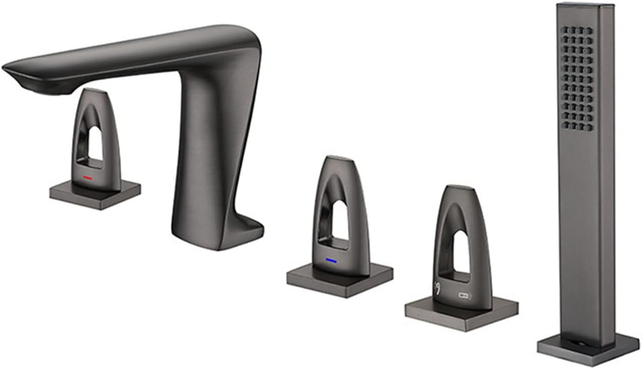 Bathtub Faucet, 5pc Deck Mounted Bath Shower Set Brass Hand Shower Basin Mixer Tap Widespread Tub Sink Faucet