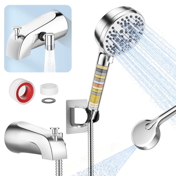 Bathtub Faucet With Filtered Handheld Shower Head 6 Spray Modes From Rain To Powder Tub Spout Diverter 79" Extra Long Hose High Bath Sprayer Attachment(chrome)