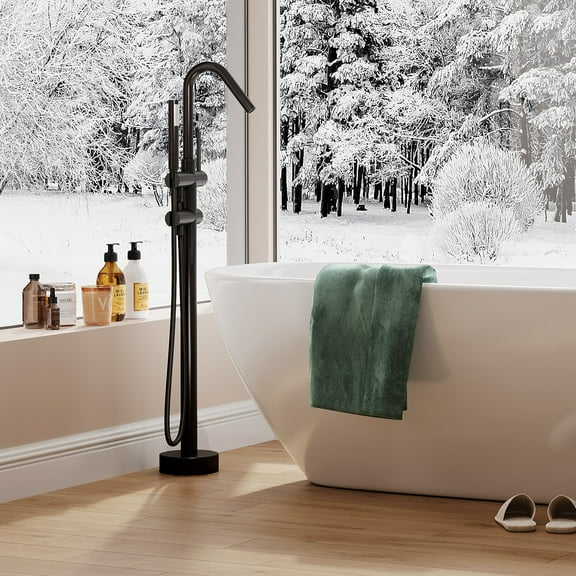 Bathtub Faucet, Floor Mount Bathtub Faucet Freestanding Tub Faucet Standing Bathtub Filler, High-Flow Bath Shower Faucet with Handheld Sprinkler