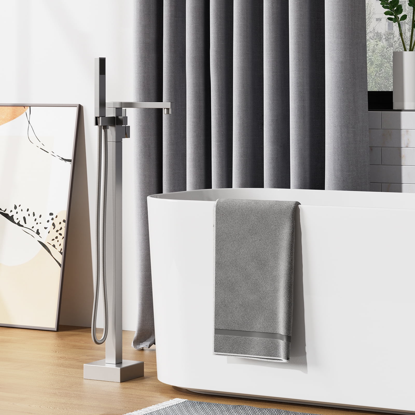 Bathtub Faucet, Floor Mount Bathtub Faucet Freestanding Tub Faucet Standing Bathtub Filler, High-Flow Bath Shower Faucet with Handheld Sprinkler