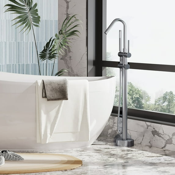 Bathtub Faucet, Floor Mount Bathtub Faucet Freestanding Tub Faucet Standing Bathtub Filler, High-Flow Bath Shower Faucet with Handheld Sprinkler