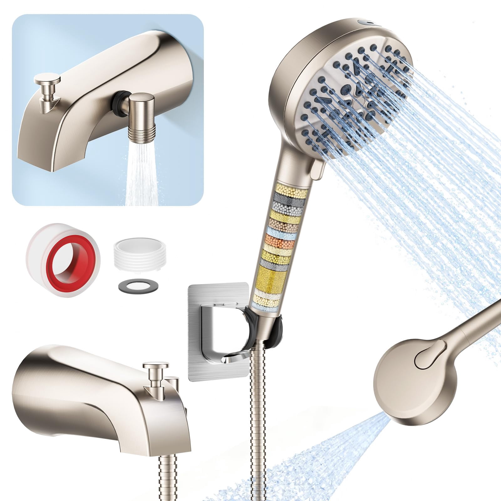 Bathtub Faucet with Filtered Handheld Shower Head Brushed Nickel 6 Spray Modes 79" Hose